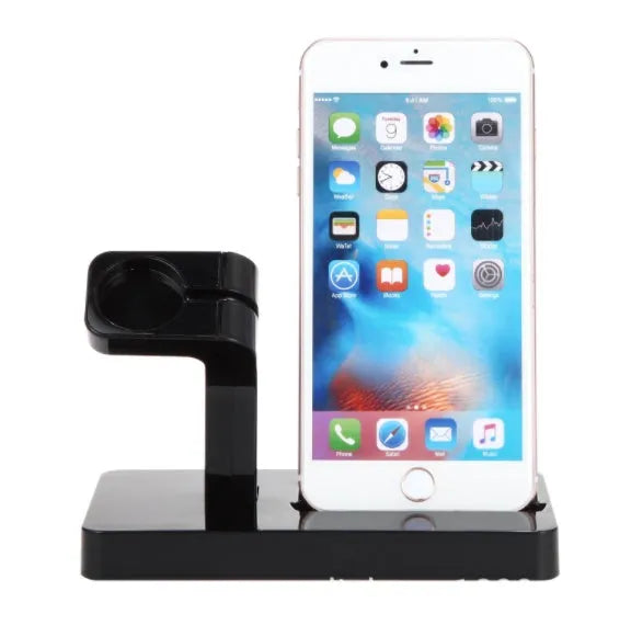 White 2-in-1 desktop charging dock holding an iPhone and an Apple Watch.