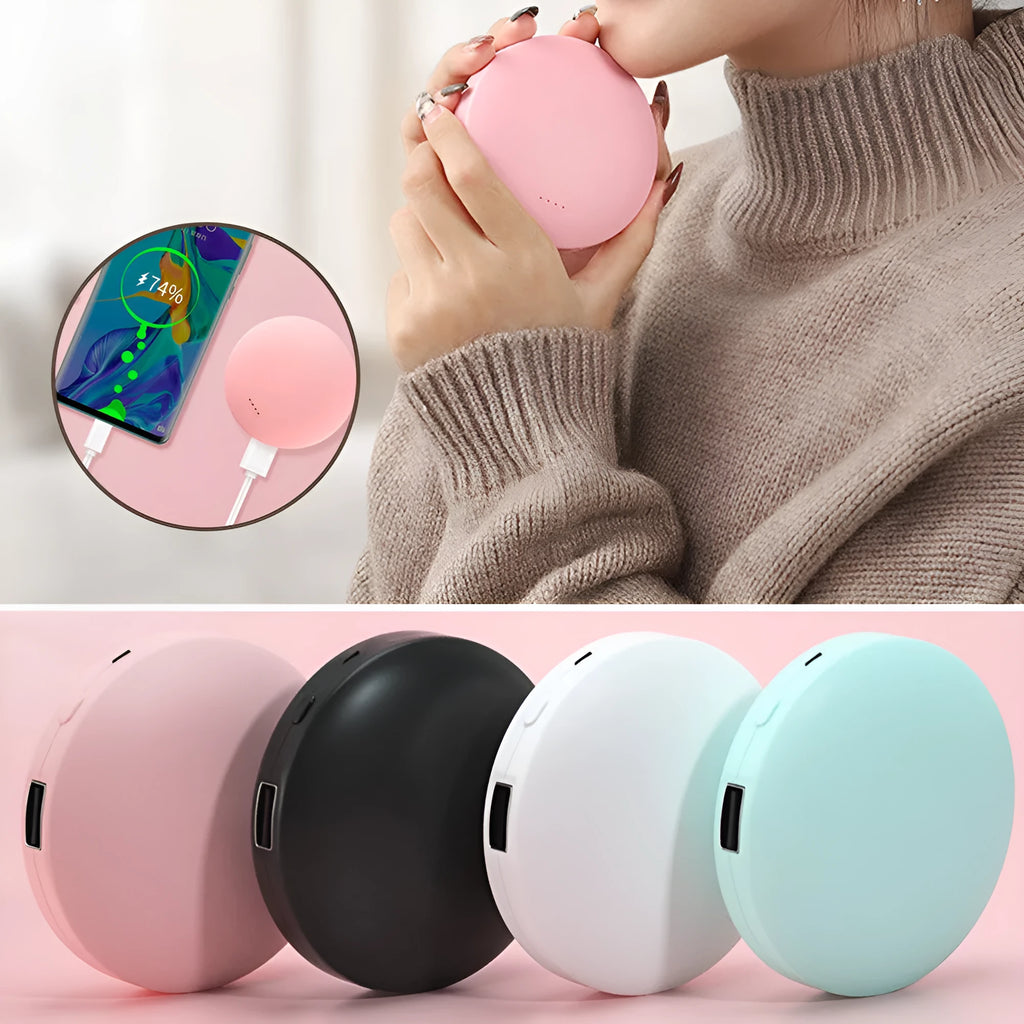 Mini USB hand warmer power bank in black, blue, pink or white, 3000mAh 18650 battery, 80x80x23mm