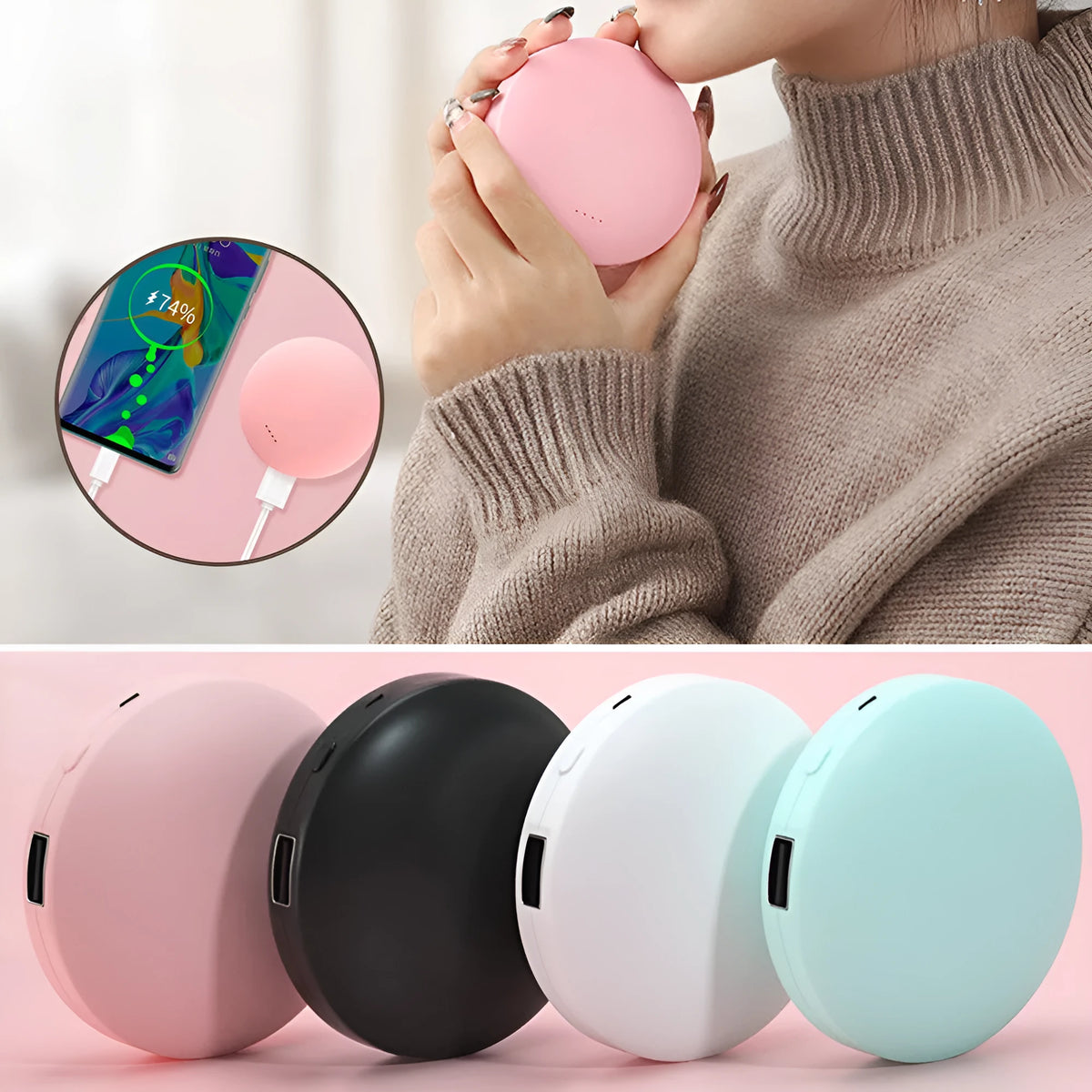 Mini USB hand warmer power bank in black, blue, pink or white, 3000mAh 18650 battery, 80x80x23mm