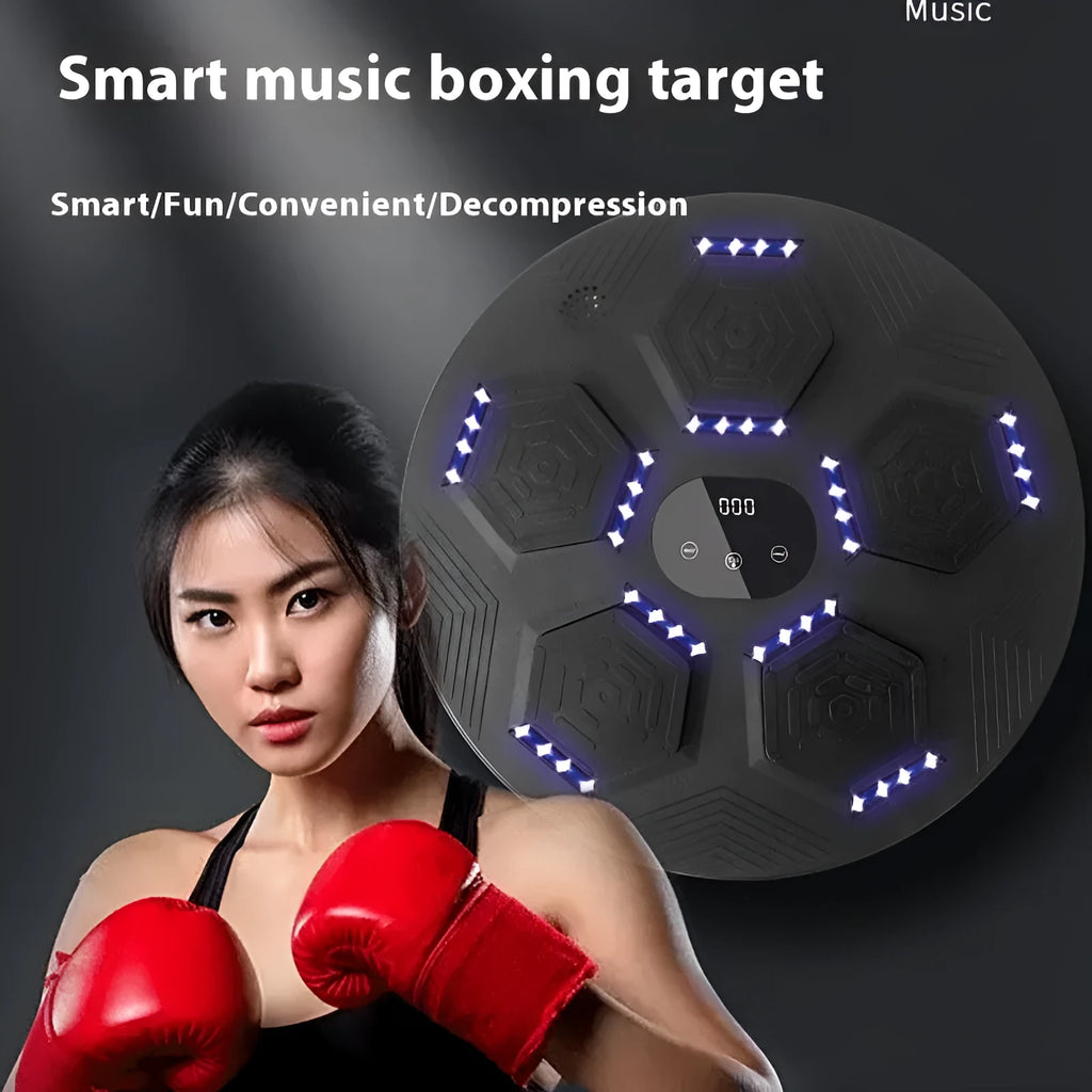 Smart music-reactive boxing target hanging on a wall in a home gym setting.