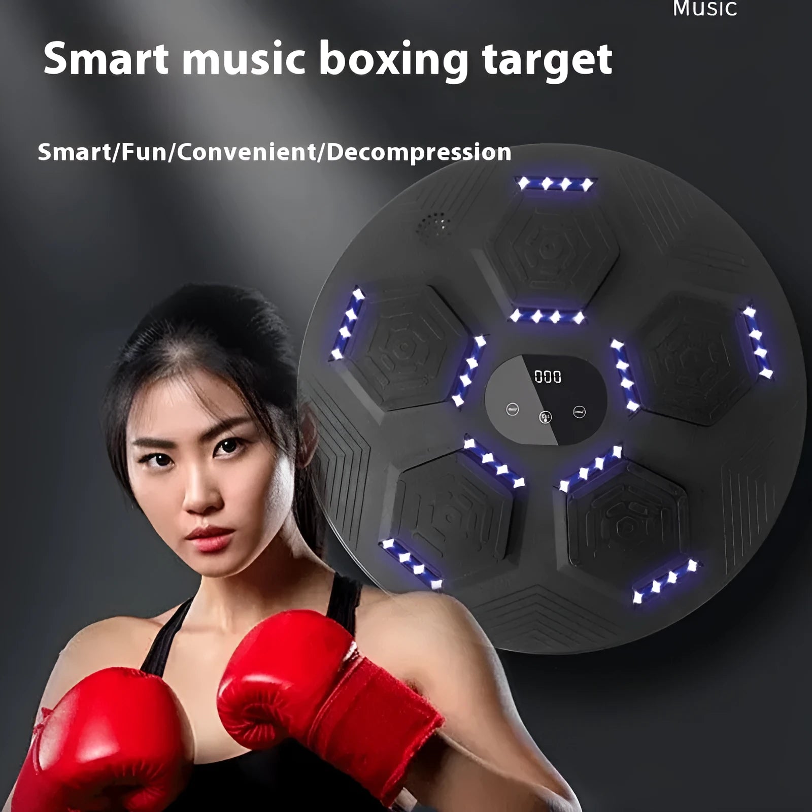 Smart music-reactive boxing target hanging on a wall in a home gym setting.