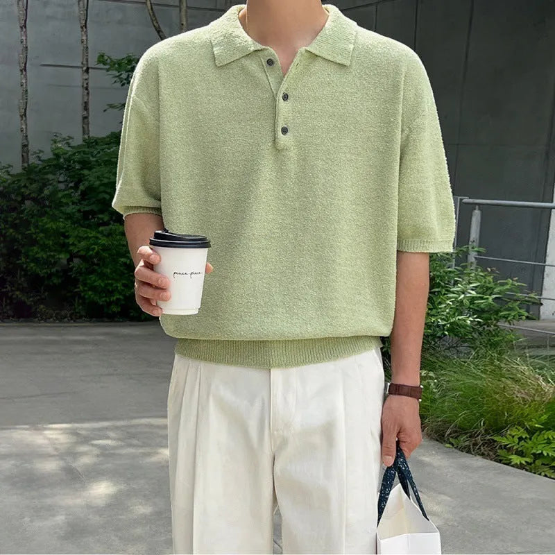 Retro knitted polo shirt for men with asymmetric design in caramel colour