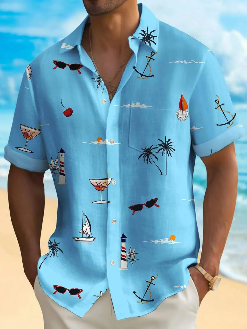 Men's loose fit Hawaiian shirt with digital print pattern in polyester fabric.