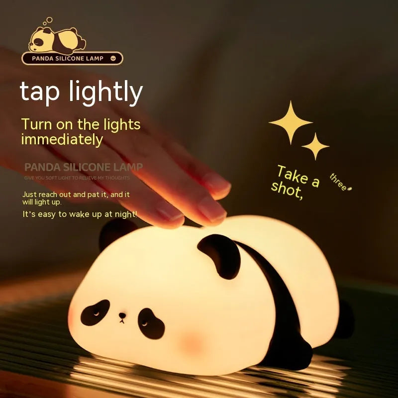 Cartoon panda night light with soft glow, showing BPA-free silicone construction and compact 150x130x80mm dimensions
