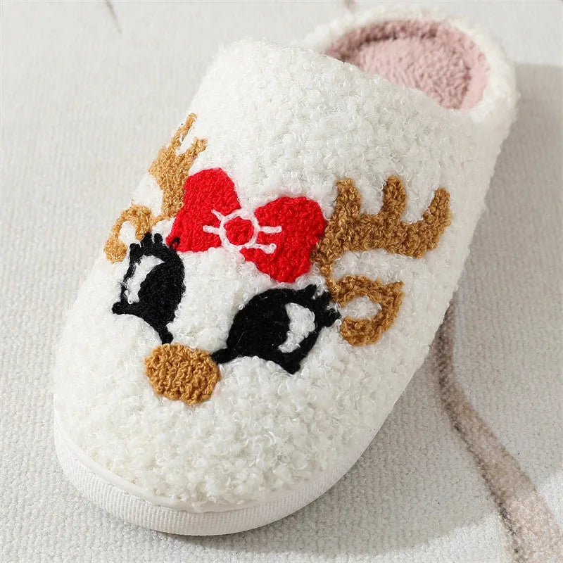 Christmas deer slippers with plush upper, cartoon fox pattern, TPR non-slip sole, 3.5cm heel, round toe, sizes 36-45