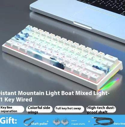 Bluish black 61-key compact mechanical keyboard with hot-swappable sockets and coloured keycaps.
