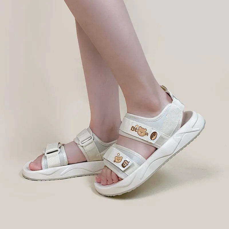 Women's open toe canvas sandals with Velcro fastening, mesh lining, flat rubber sole, Bear Bakery colour, sizes 35-40