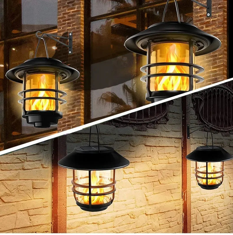 Solar LED outdoor glass wall lamp with IP65 rating, shown as a wall-mounted garden light in Flame light or Warm light