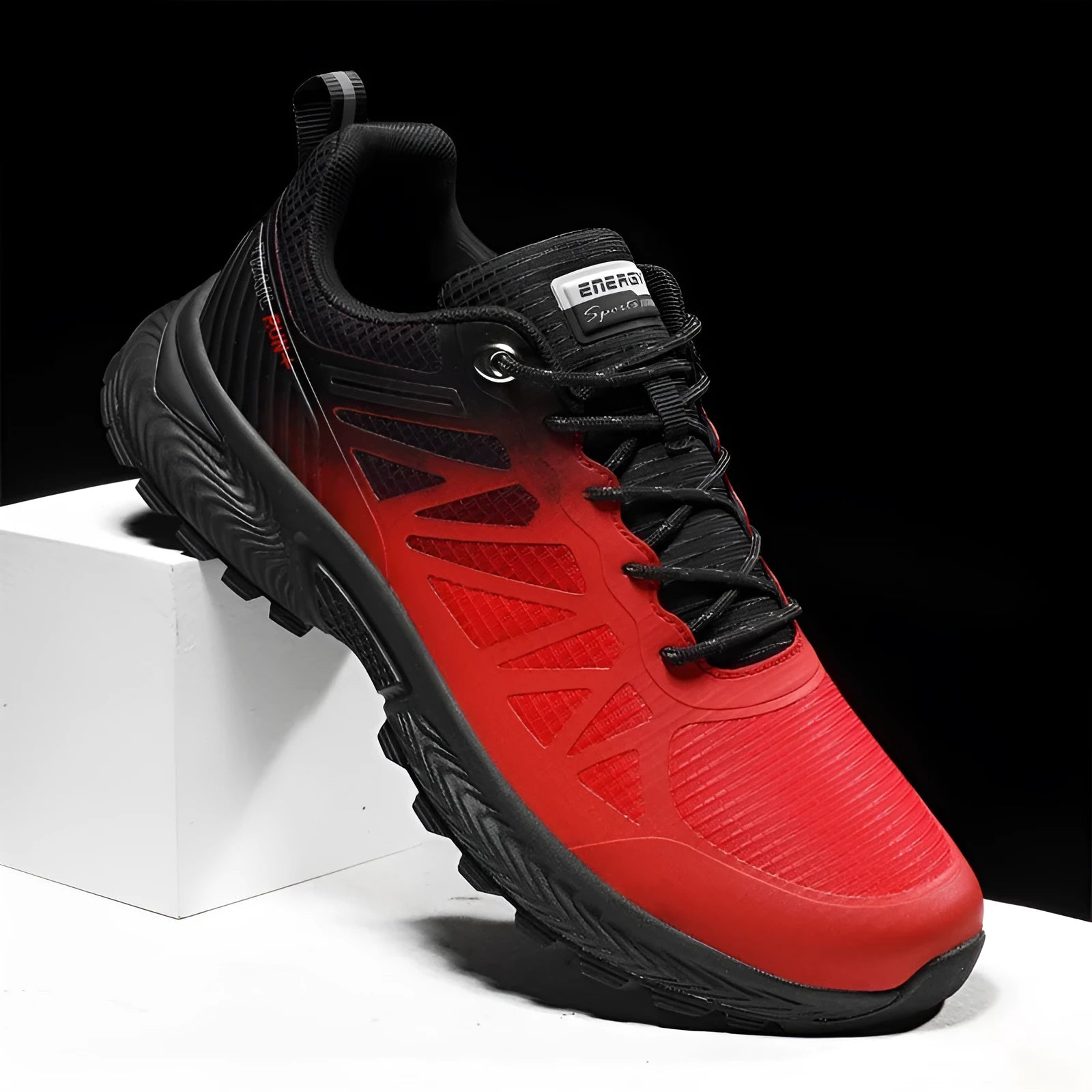Men's black and orange plus size mesh running shoes with flat heel and round toe on a white background.