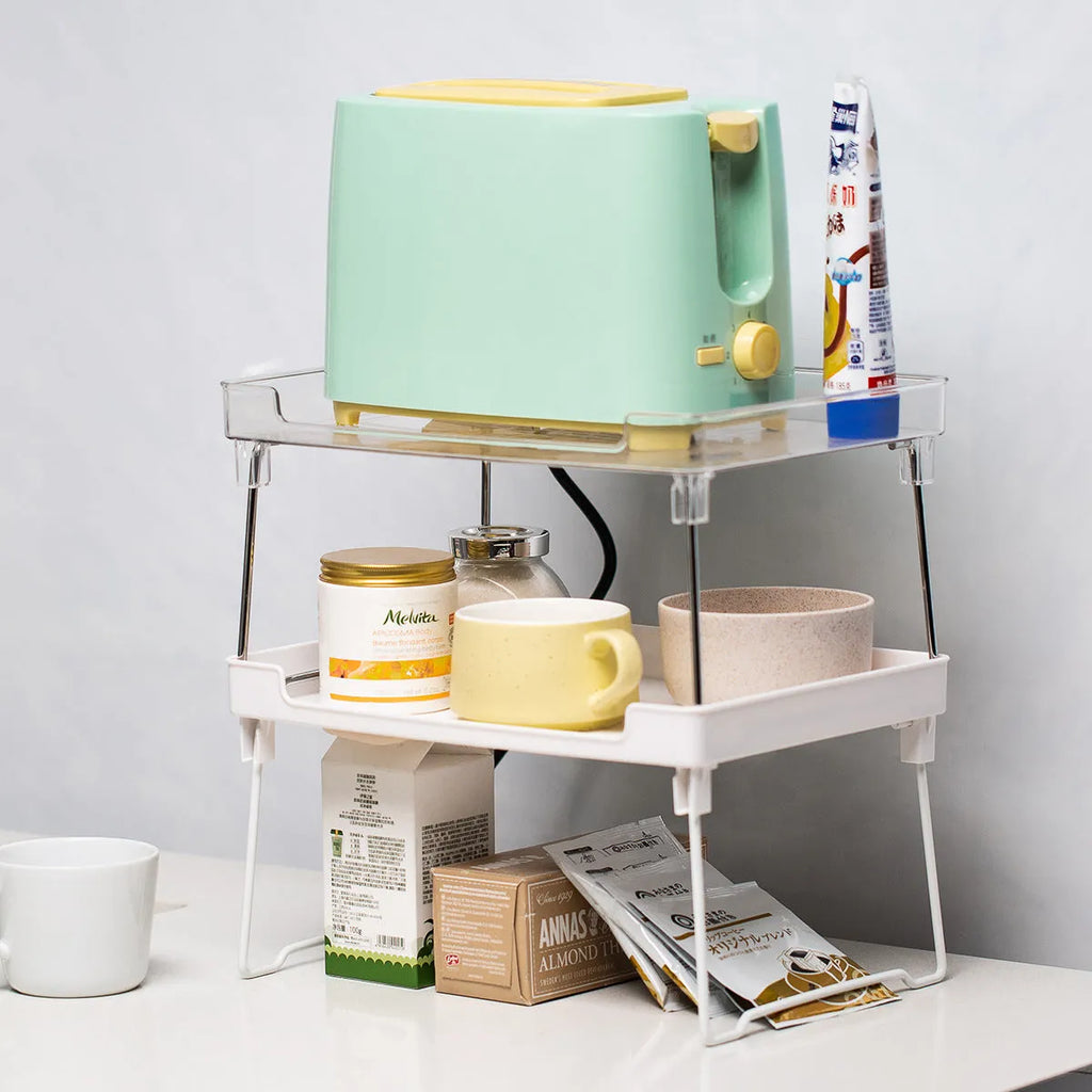 Plastic kitchen supplies rack in transparent or white colour with compartment storage design