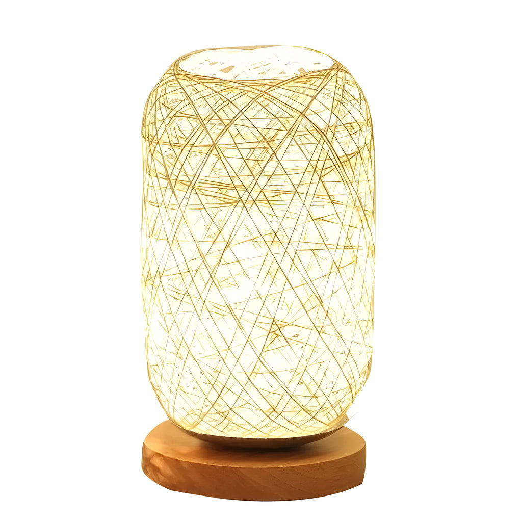 Brown hemp rope desk lamp with spherical shade on circular wood base