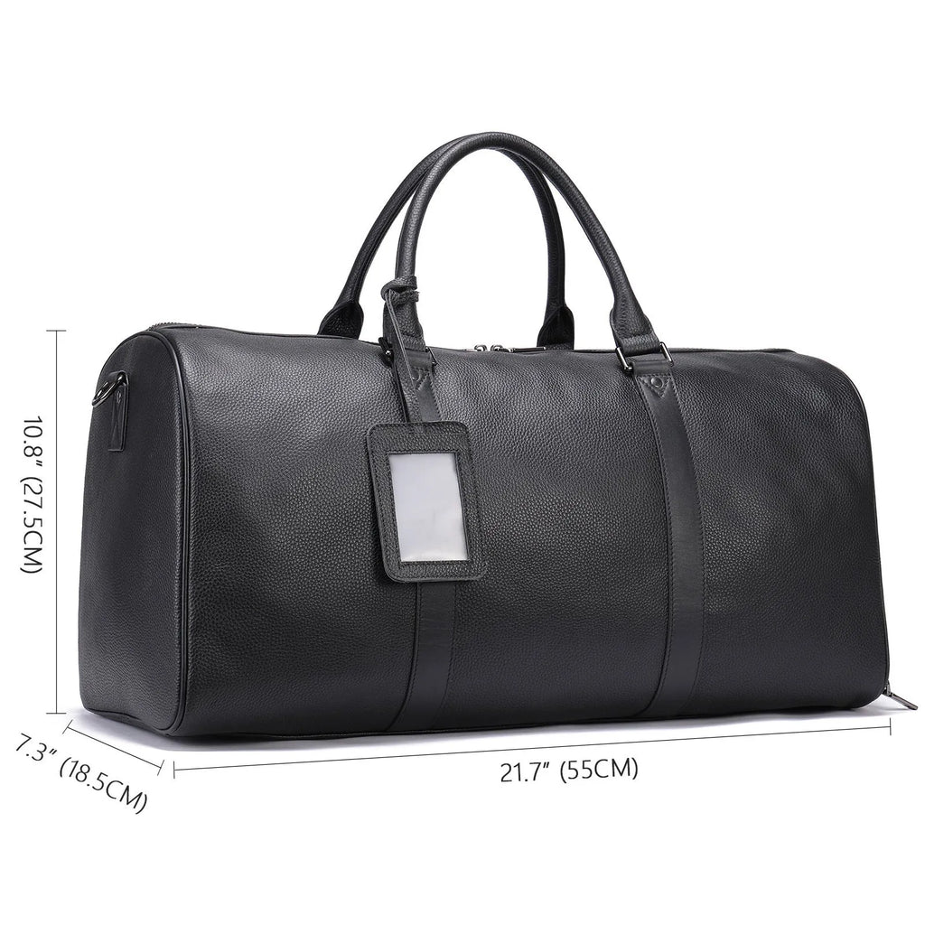 Men's black leather tote bag with single strap showing 44cm length measurement