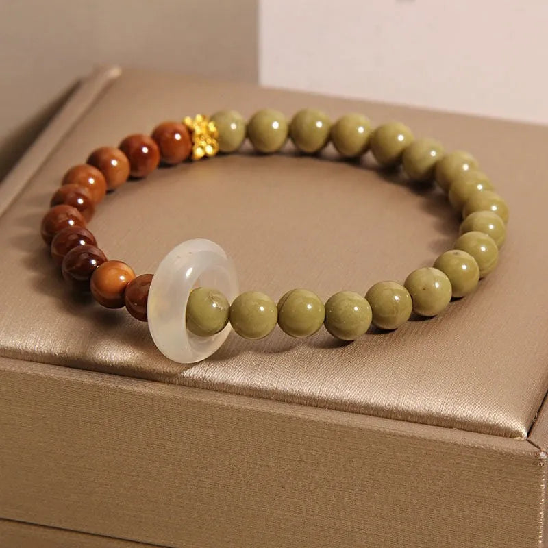 New Chinese style gradient green bracelet for women with mixed materials and electroplated crown and geometric design