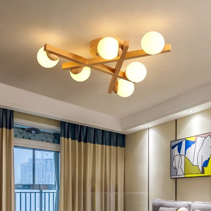 Nordic wooden style ceiling lamp with three light heads for living room modern design