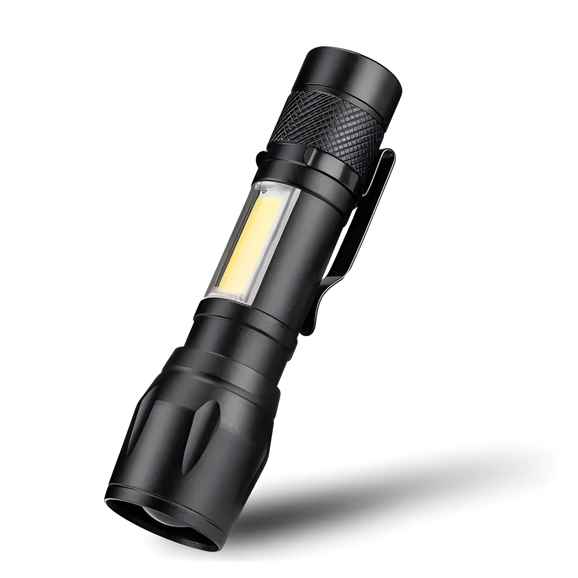 Black aluminium mini LED flashlight with telescopic zoom head and pocket clip