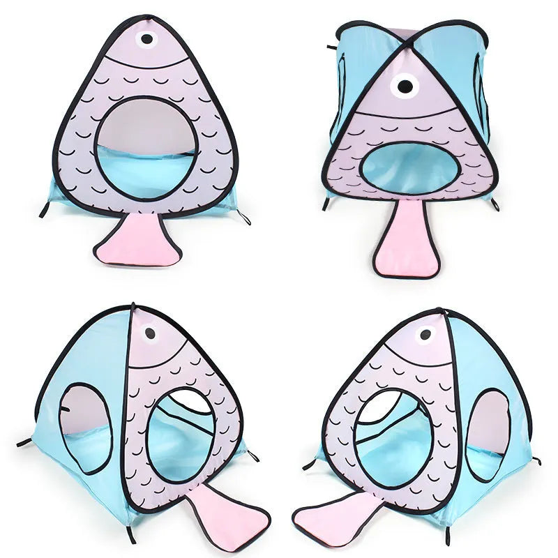 Foldable pet tent cat tunnel with cat and fish design in blue, white and orange colours