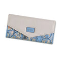 Women's black three-fold wallet with buckle closure showing interior compartments