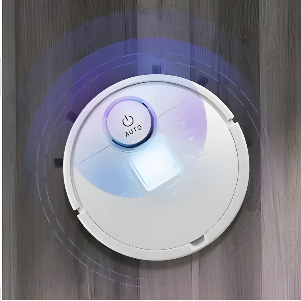 White automatic robotic floor sweeper with one-touch button on a hard floor.