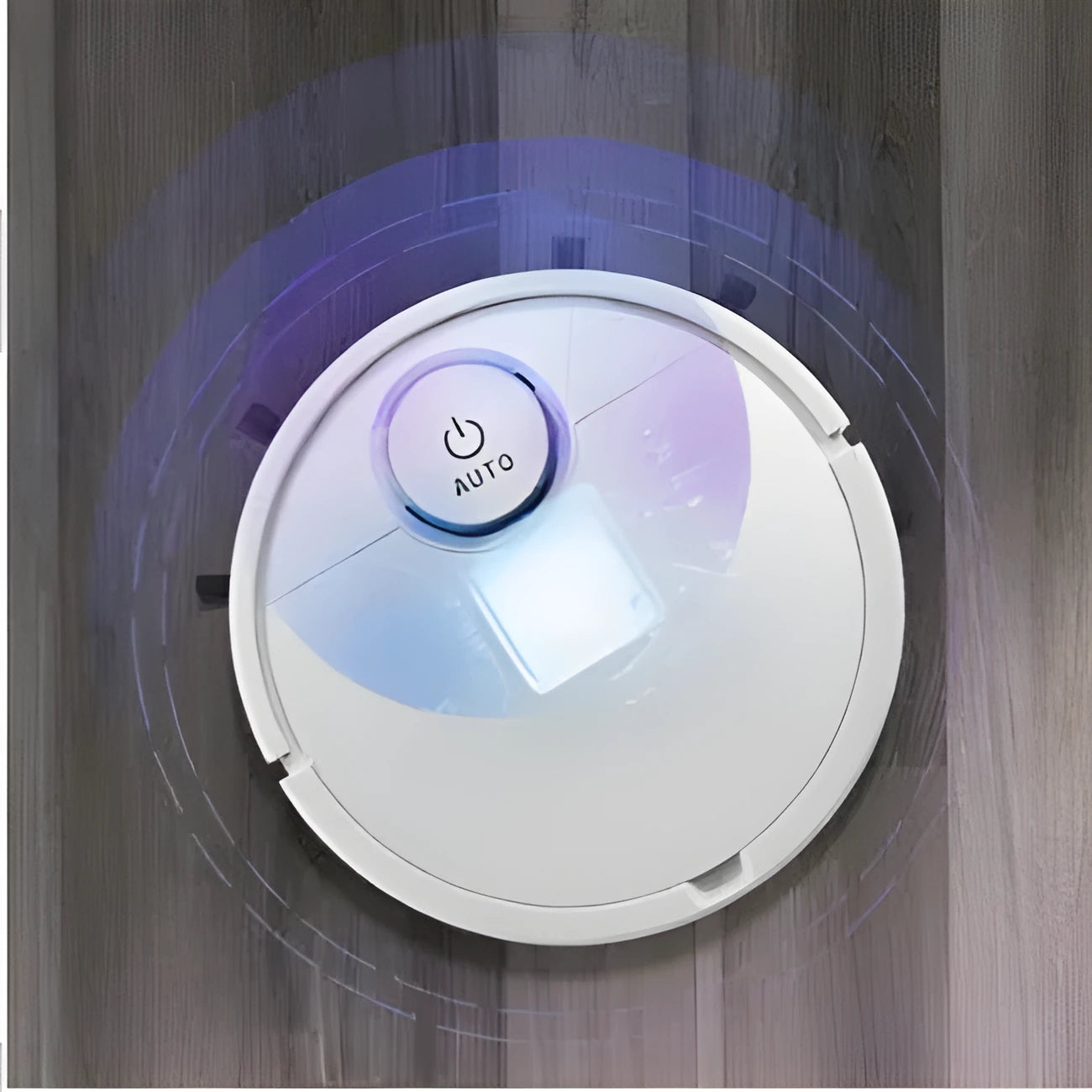 White automatic robotic floor sweeper with one-touch button on a hard floor.