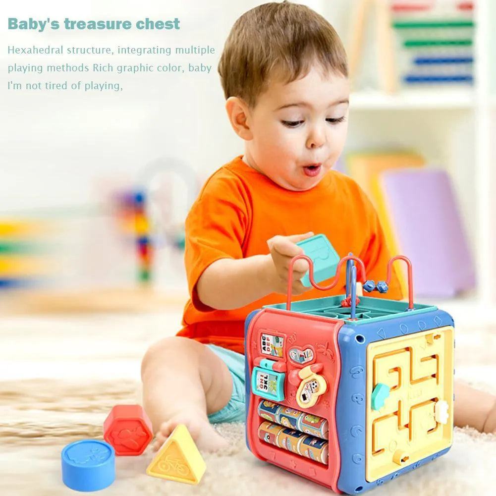 Colourful ABS plastic baby educational cube with bead maze, gears, and shape sorting games on each side.