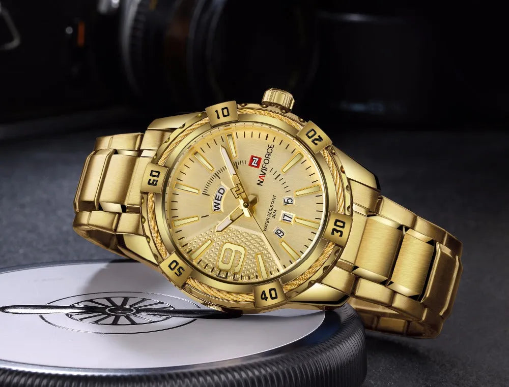 Men's waterproof quartz watch with silver alloy case, stainless steel strap, 46mm round dial and world time display.