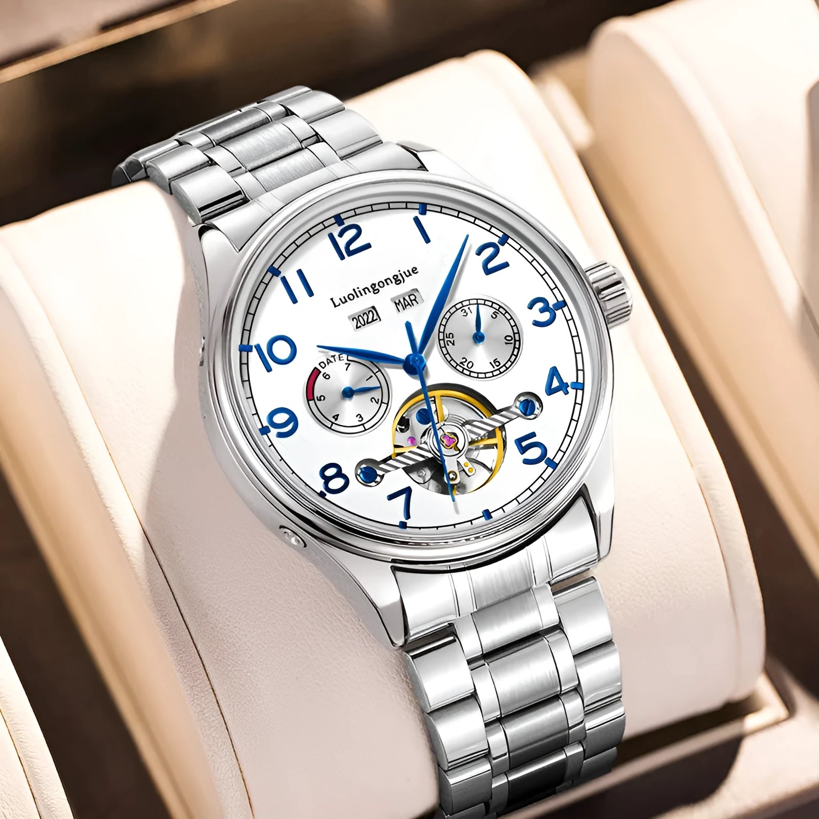 Men's business hollow mechanical watch with sapphire crystal glass and transparent case back on leather strap