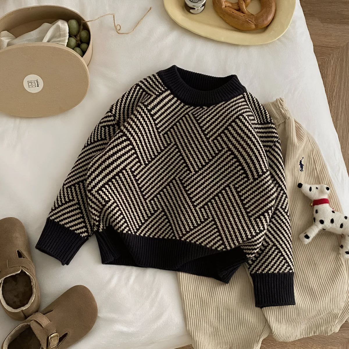 Dark gray striped children's pullover sweater in acrylic knit, sizes 90cm to 140cm