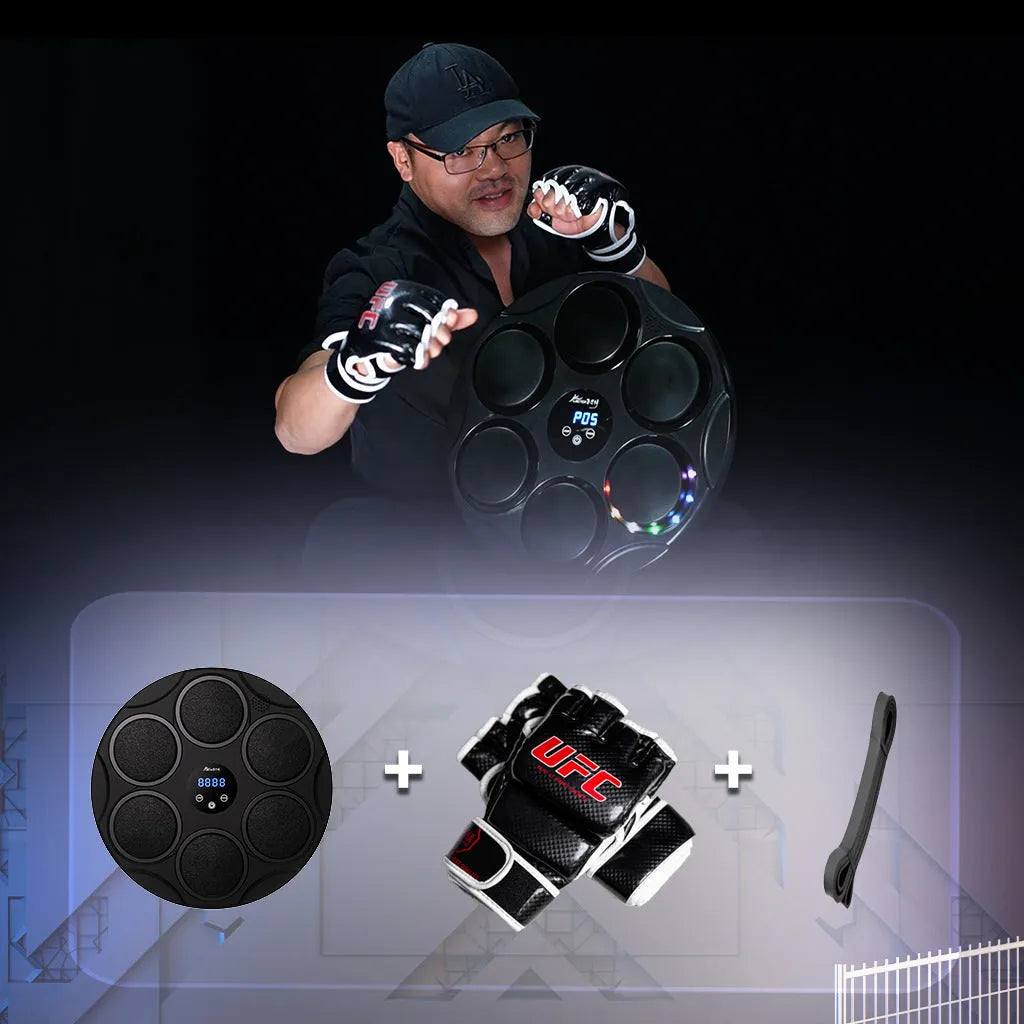 Black smart Bluetooth boxing target with coloured lights mounted on wall for fitness training