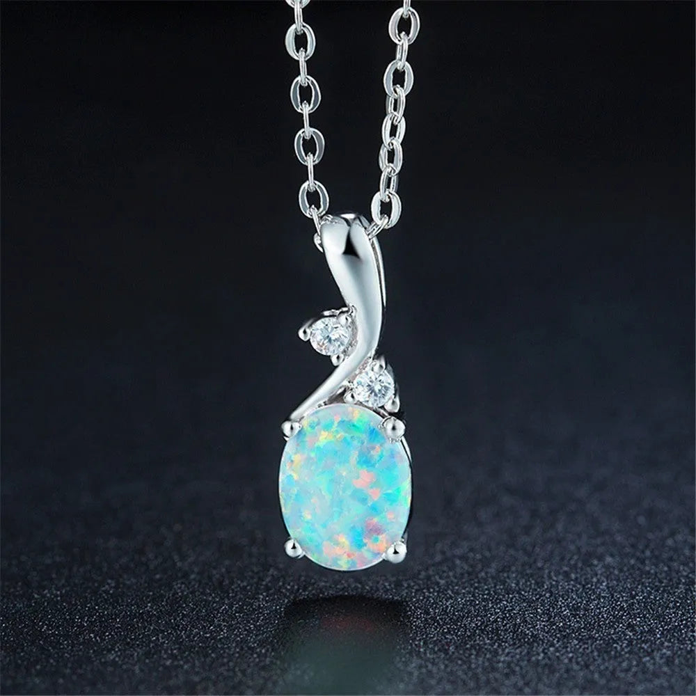 Opal water drop pendant necklace with adjustable chain in rose gold or white finish