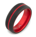 Fire stripe tungsten carbide ring with red and black inlay, sizes 5-17 including half sizes.