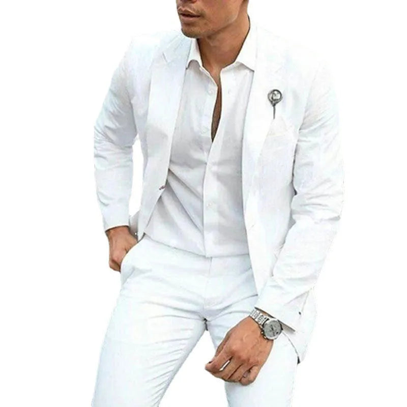 White men's slim fit two-piece suit jacket and trousers on a hanger.
