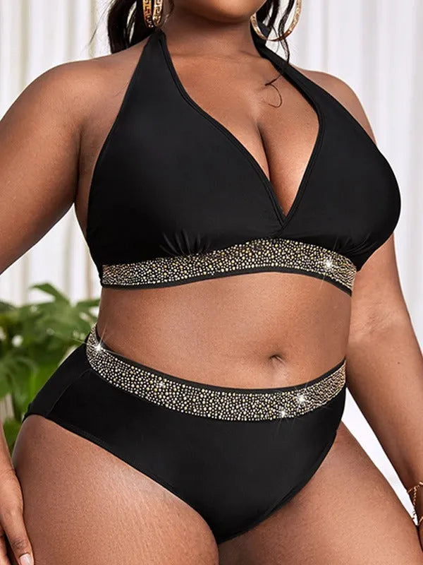 Black plus size women's bikini swimsuit showing bra and shorts components