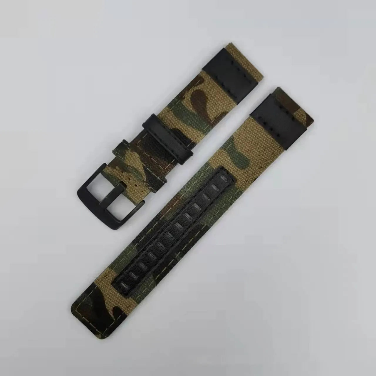 Oxford cloth canvas watch strap shown in multiple colour options including black, army green, and camouflage.