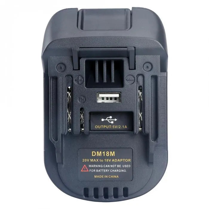 Black battery adapter for converting Milwaukee DM18M tools to use Makita H99F batteries