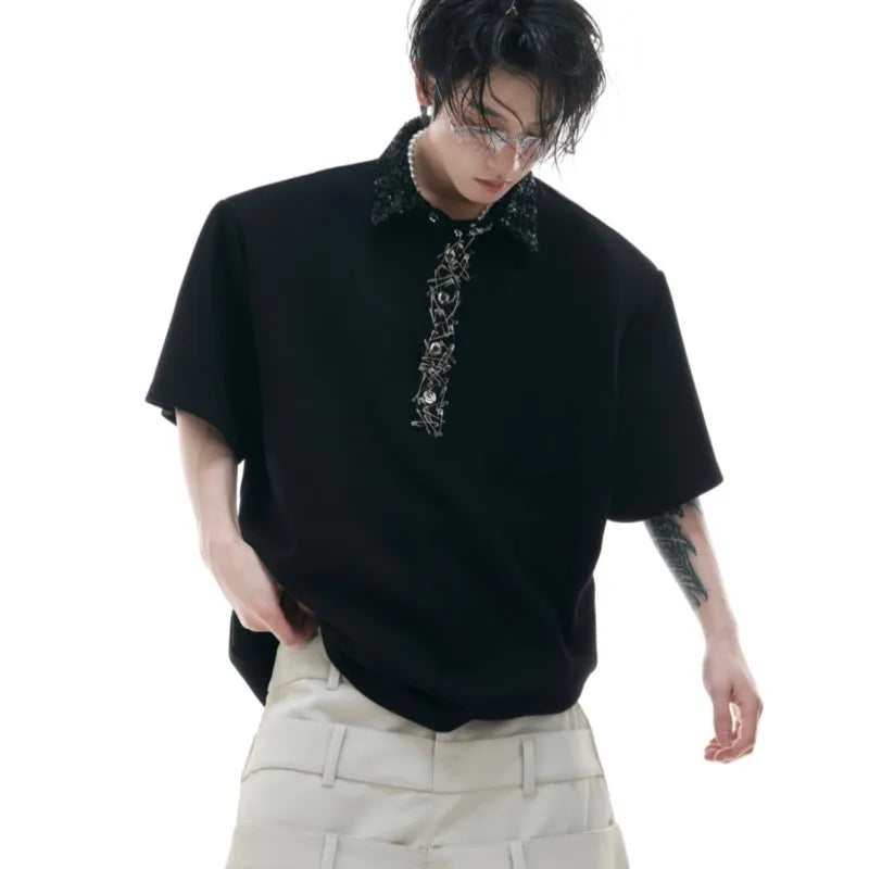 Men's loose fit square collar polo T-shirt in black, short sleeves, solid colour.