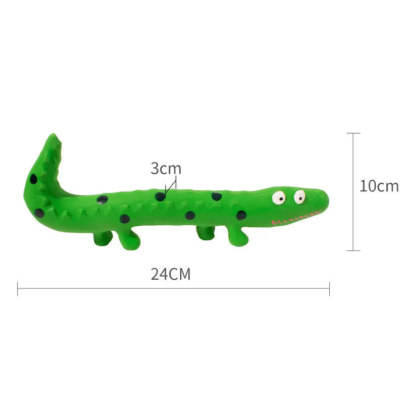 Green lizard-shaped dog chew toy with squeaker, measuring 24 cm long for aggressive chewers