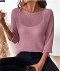 Women's thin knitted off-shoulder overall top with 3D pattern and 3/4 sleeves in matcha colour