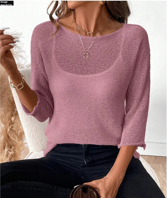 Women's thin knitted off-shoulder overall top with 3D pattern and 3/4 sleeves in matcha colour