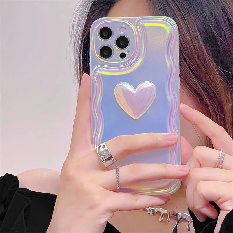 Silicone iPhone case with laser heart 3D air cushion design in three-dimensional love colour
