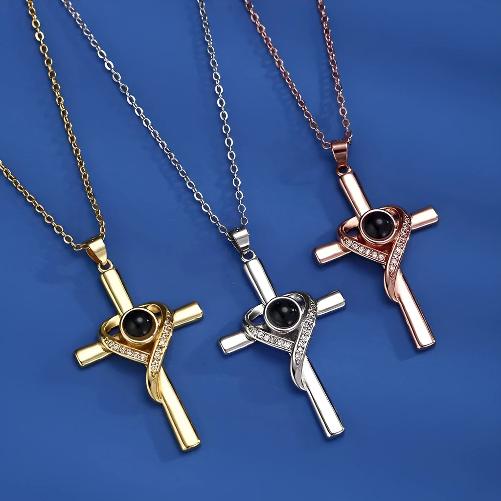 Heart and cross projection necklace in UV gold, silver or rose gold plating on copper