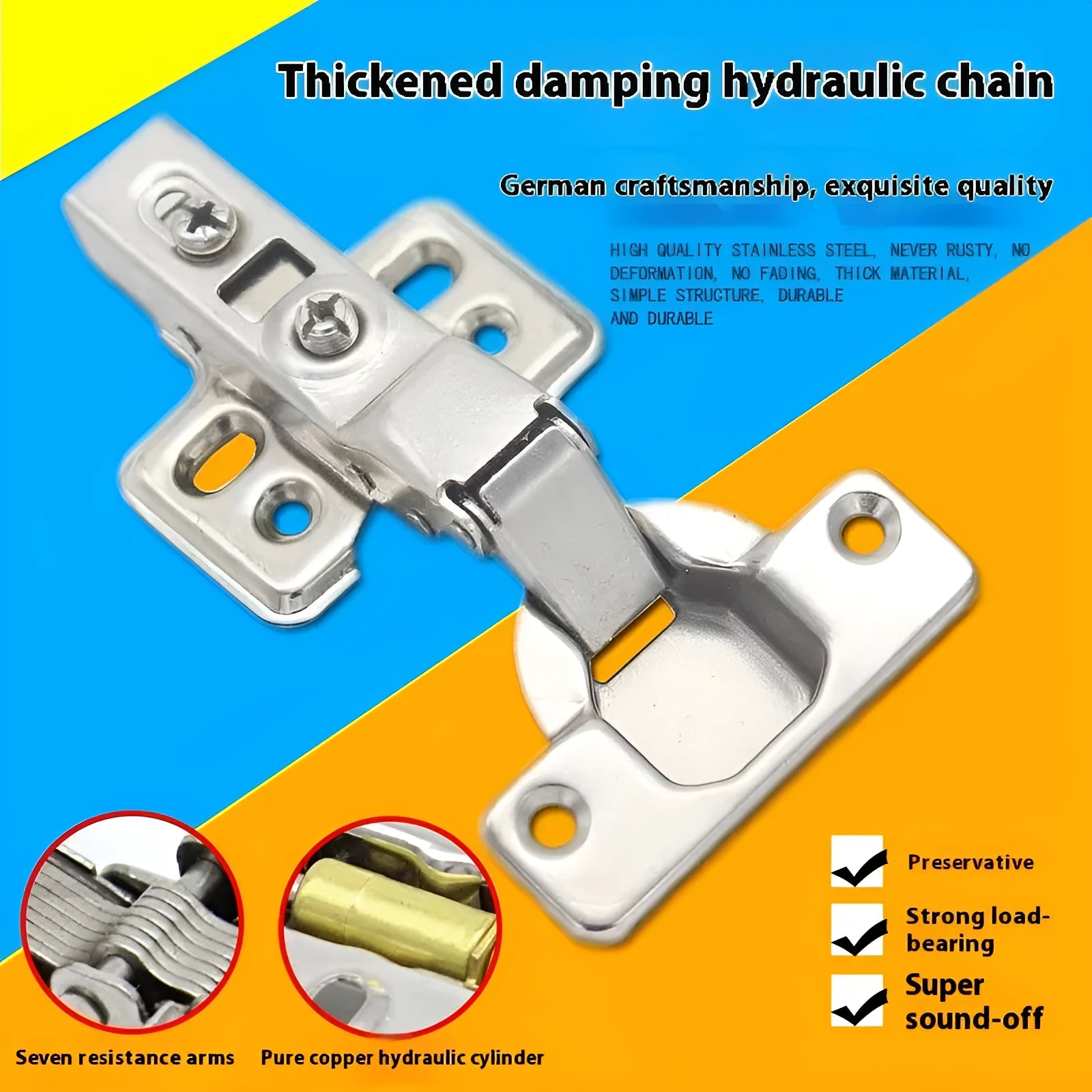 Thickened hydraulic hinge with damping cushion for cabinet wardrobe doors in nickel plated finish