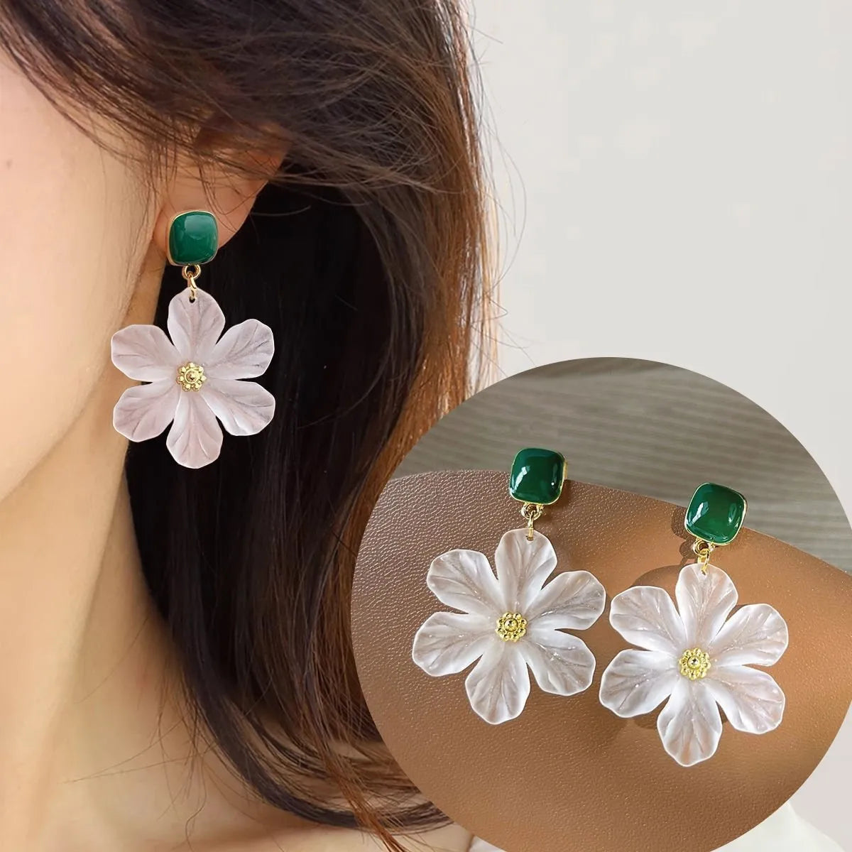 Dark green floral design alloy drop earrings for women with earwire fastening