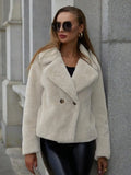 Women's loose short faux fur coat in rose red, shown with regular sleeves and a length of 50cm.