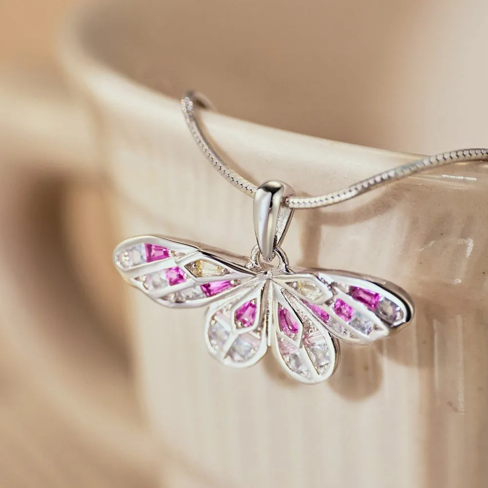 S925 sterling silver butterfly necklace with dopamine colour inlay on a snake bones chain, 41-50cm