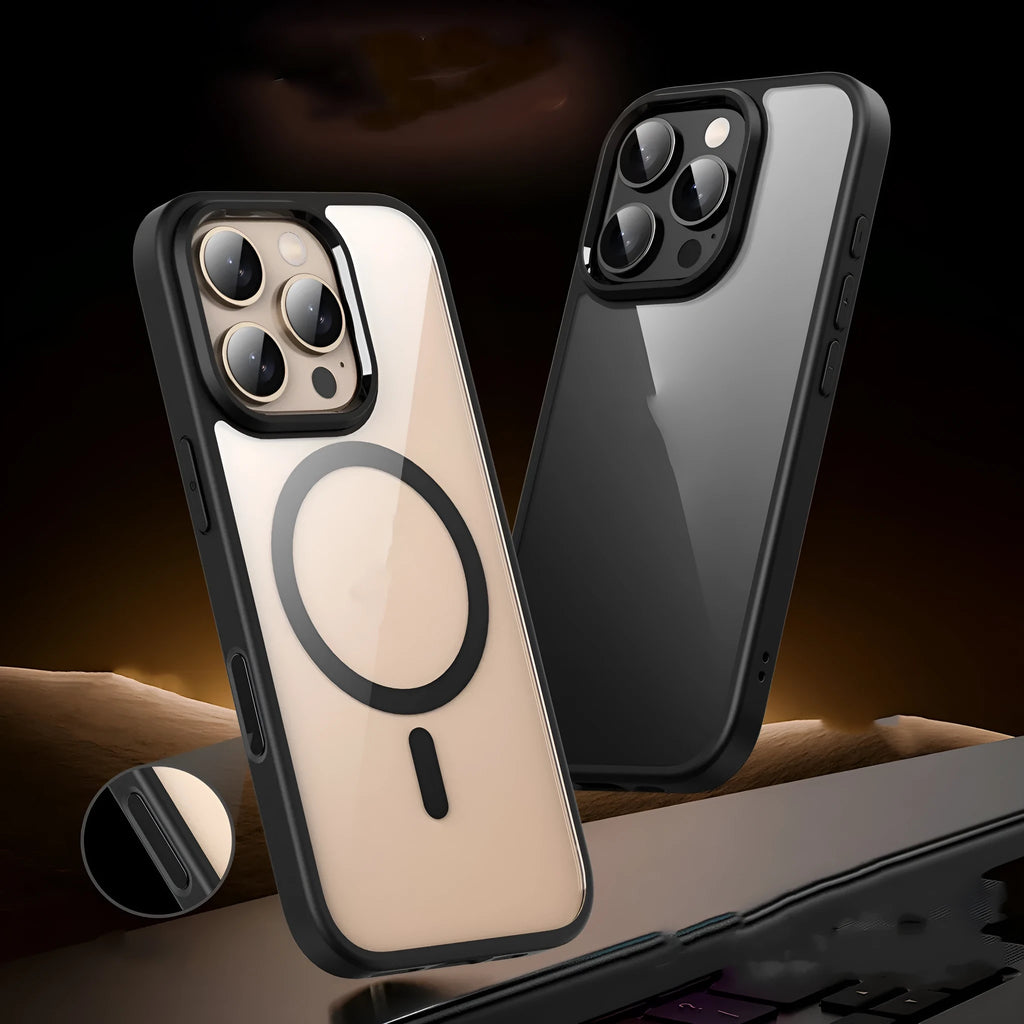Black transparent magnetic phone case with airbag design for iPhone 16 models