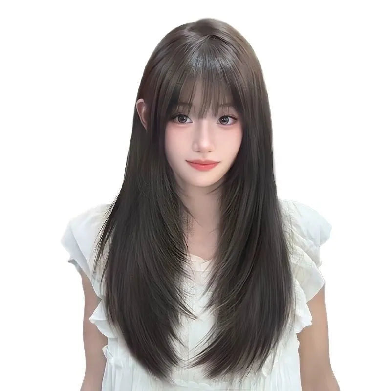 Full-head synthetic wig with integrated hair net in long straight high-layered style