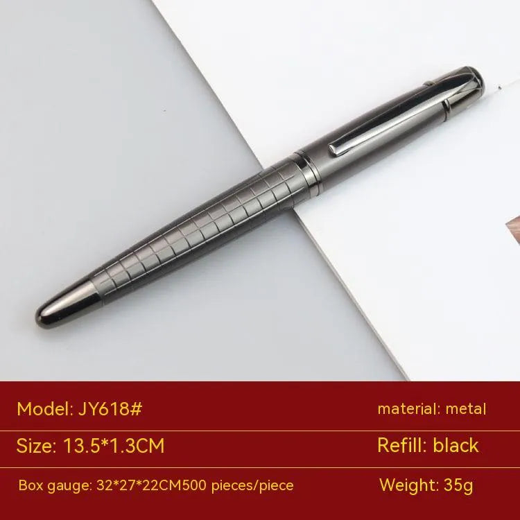 Gun grey metal roller pen with water-based ink refill showing 13.5cm length
