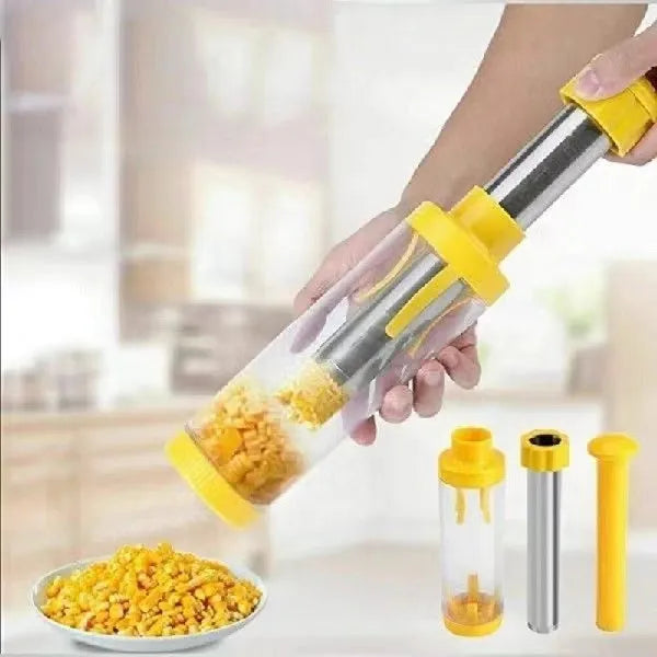 Yellow cylindrical corn stripper with stainless steel blades and ABS plastic housing