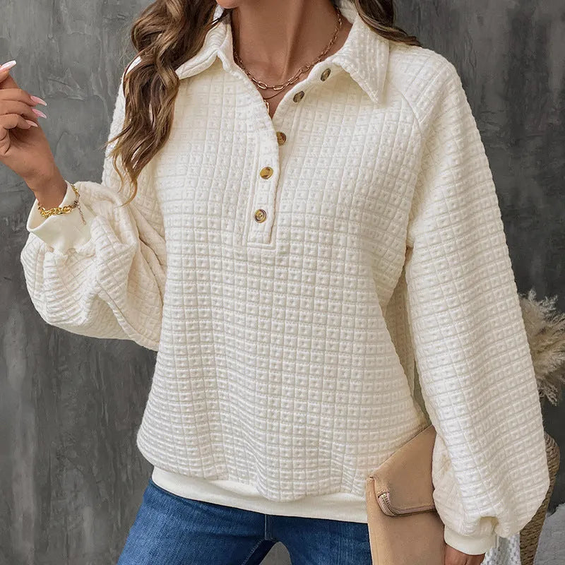Women's milky white textured polo collar thick knit sweater on a hanger