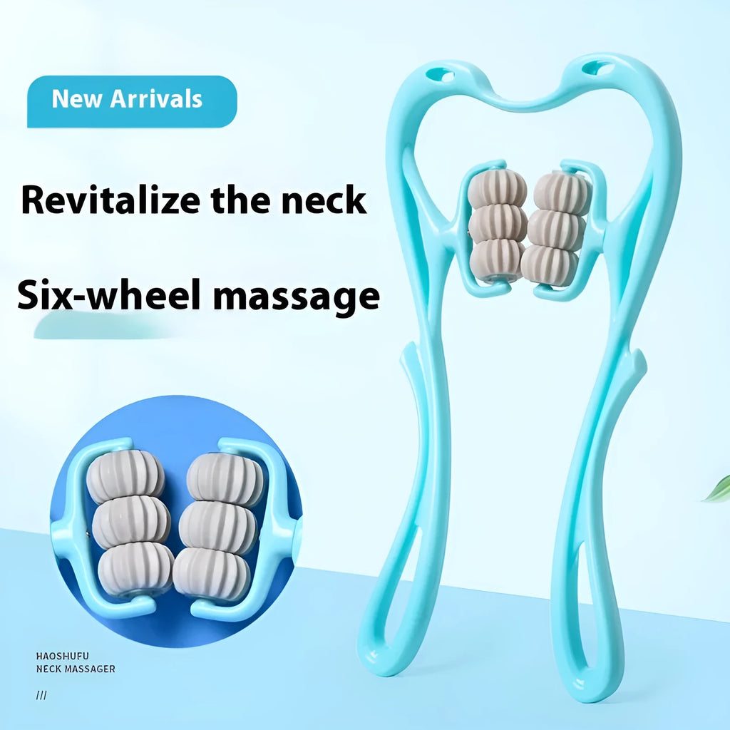 Blue handheld six-wheel massager for neck, shoulder, and waist.